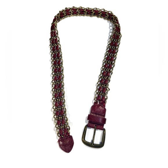 Vintage Antiqued Gold and Burgundy Vegan Leather Woven Chain Belt Womens S